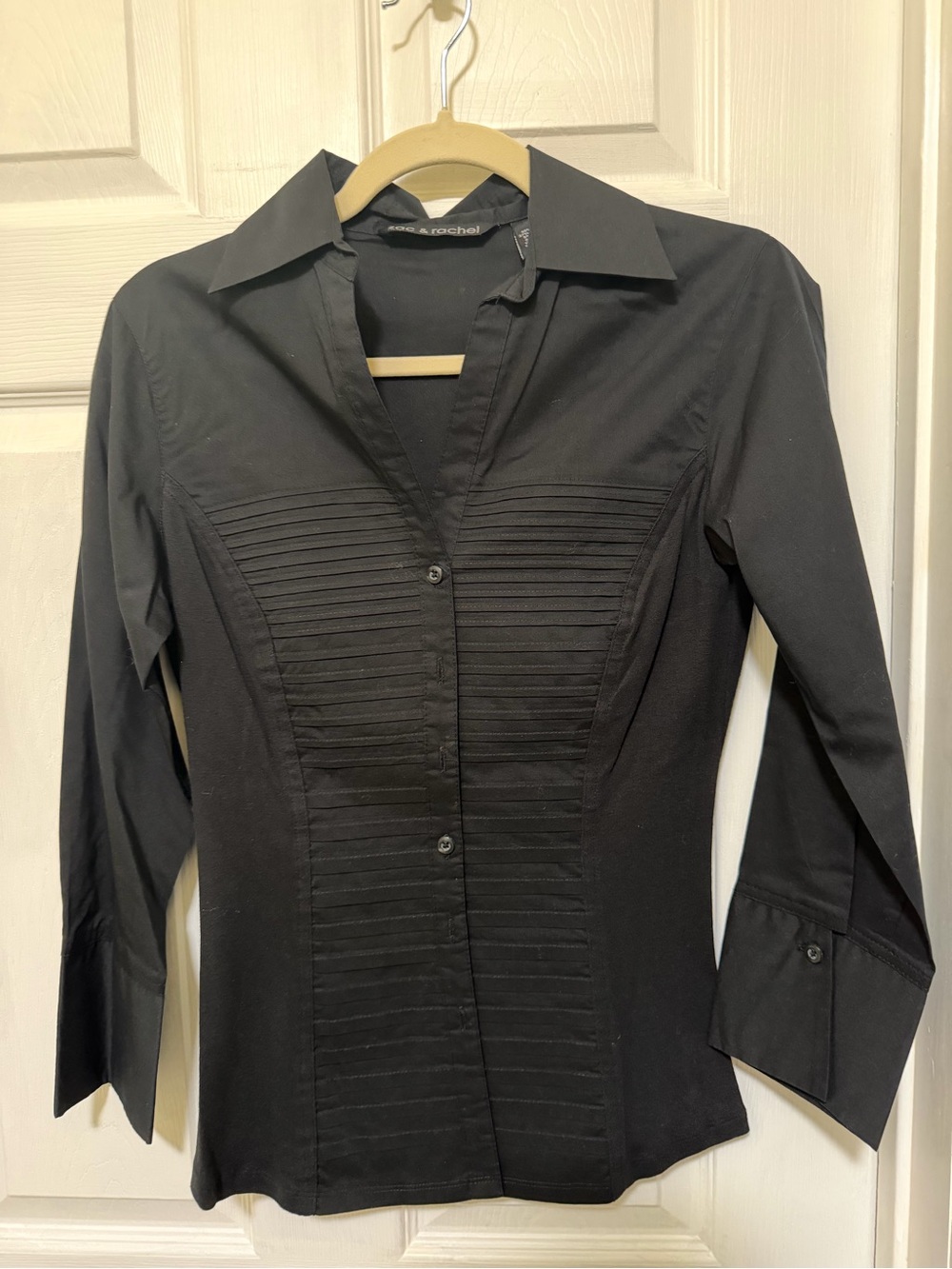 Black Fitted Button-Front Blouse with Pintuck Detail